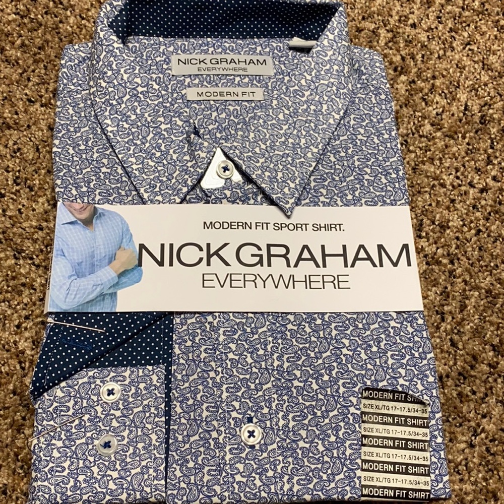 NWT Paisley Polka Dot button down blue white Modern Fit sport shirt dres…